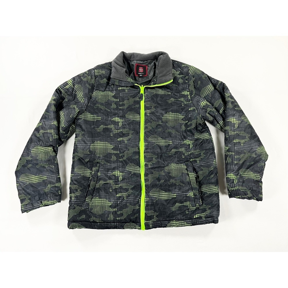Swiss Tech Boys XXL 18 Puffer Winter Jacket Gray Neon Green Camo Coat Gorpcore